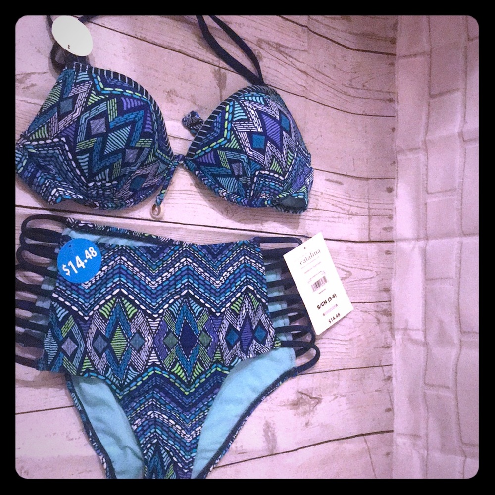 High waisted blue tribal bikini